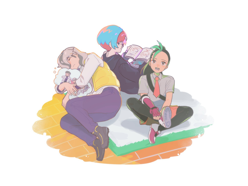 1boy, 2girls, arven_(pokemon), black_hair, black_pantyhose, book, closed_eyes, closed_mouth, collared_shirt, commentary, green_hair, hair_over_one_eye, highres, holding, holding_book, hood, hood_down, hoodie, long_hair, looking_at_viewer, lying, majyo_(witch_poke), multicolored_hair, multiple_girls, necktie, nemona_(pokemon), on_side, open_mouth, orange_necktie, orange_shorts, pants, pantyhose, penny_(pokemon), pokemon, pokemon_sv, purple_pants, shirt, shoes, short_sleeves, shorts, sitting, symbol-only_commentary, two-tone_hair, vest, yellow_vest