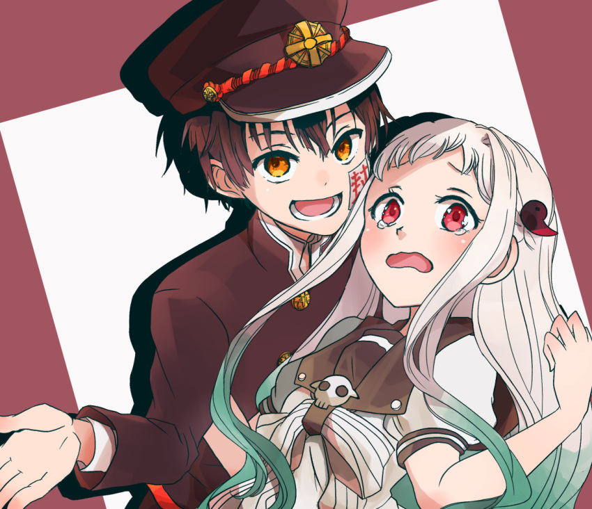 1boy, 1girl, black_hair, gakuran, gakuseibou, gradient_hair, hair_ornament, hanako_(jibaku_shounen_hanako-kun)