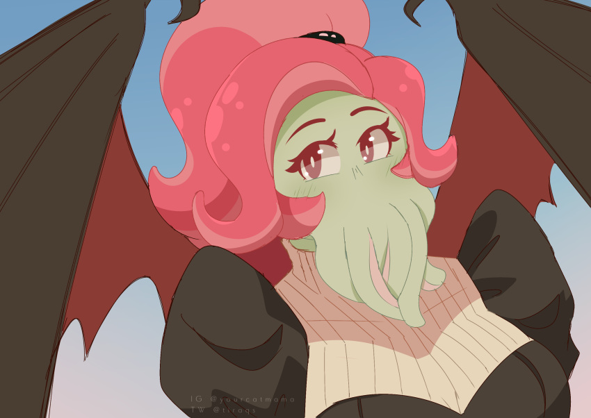 1girl, bat_wings, black_dress, breasts, catovyen, cthulhu_mythos, dress, highres