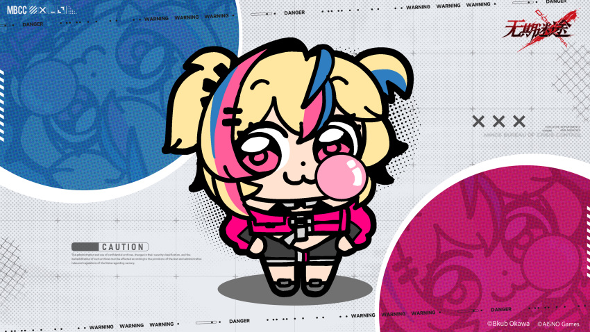 1girl, :3, absurdres, bkub, black_dress, blonde_hair, blowing_bubbles, blue_hair, chibi, circle, clothing_cutout, copyright_name, copyright_notice, dress, english_text, full_body, grey_background, grey_footwear, grid_background, halftone, halftone_background, hand_on_own_hip, highres, jacket, logo, long_sleeves, looking_at_viewer, multicolored_hair, nino_(path_to_nowhere), official_art, path_to_nowhere, pink_eyes, pink_hair, pink_jacket, solo, standing, stomach_cutout, streaked_hair, two_side_up, zoom_layer