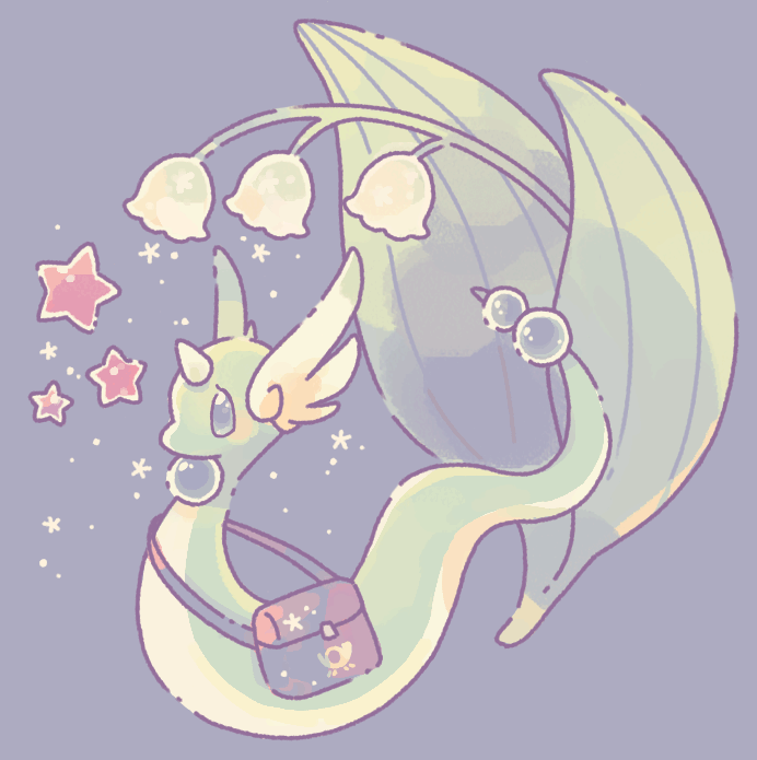 animal_focus, bag, blue_eyes, dragonair, flower_request, full_body, head_wings, horns