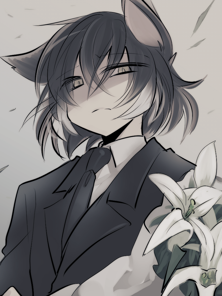 1boy, black_jacket, black_necktie, bouquet, cat_boy, closed_mouth, collared_shirt, grey_background, grey_eyes, grey_theme, hair_between_eyes, holding, holding_bouquet, humanization, imotaco_nankin, jacket, long_sleeves, looney_tunes, male_focus, necktie, personification, shirt, short_hair, solo, sylvester_(looney_tunes), white_lily, white_shirt