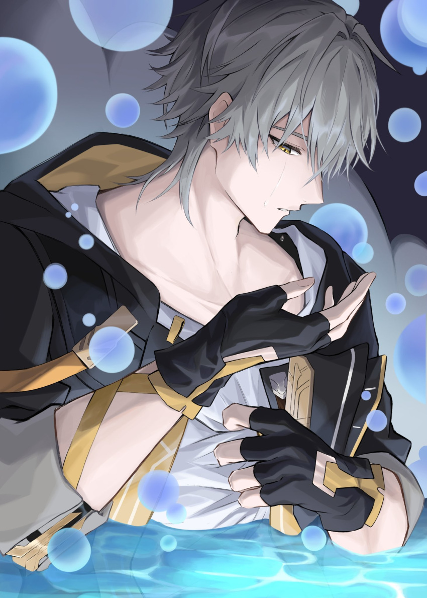 1boy, black_coat, black_gloves, bubble, caelus_(honkai:_star_rail), chokop_(0mochi_pchoko), coat, collarbone