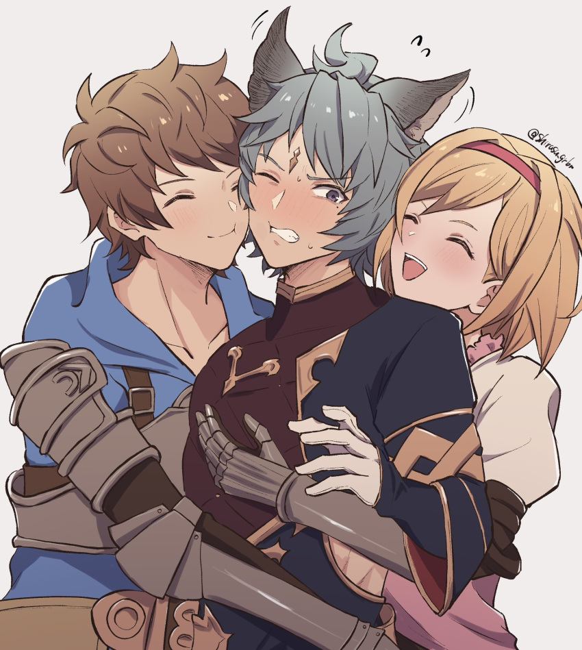 1girl, 2boys, armor, blonde_hair, blue_hoodie, blush, breastplate, breasts
