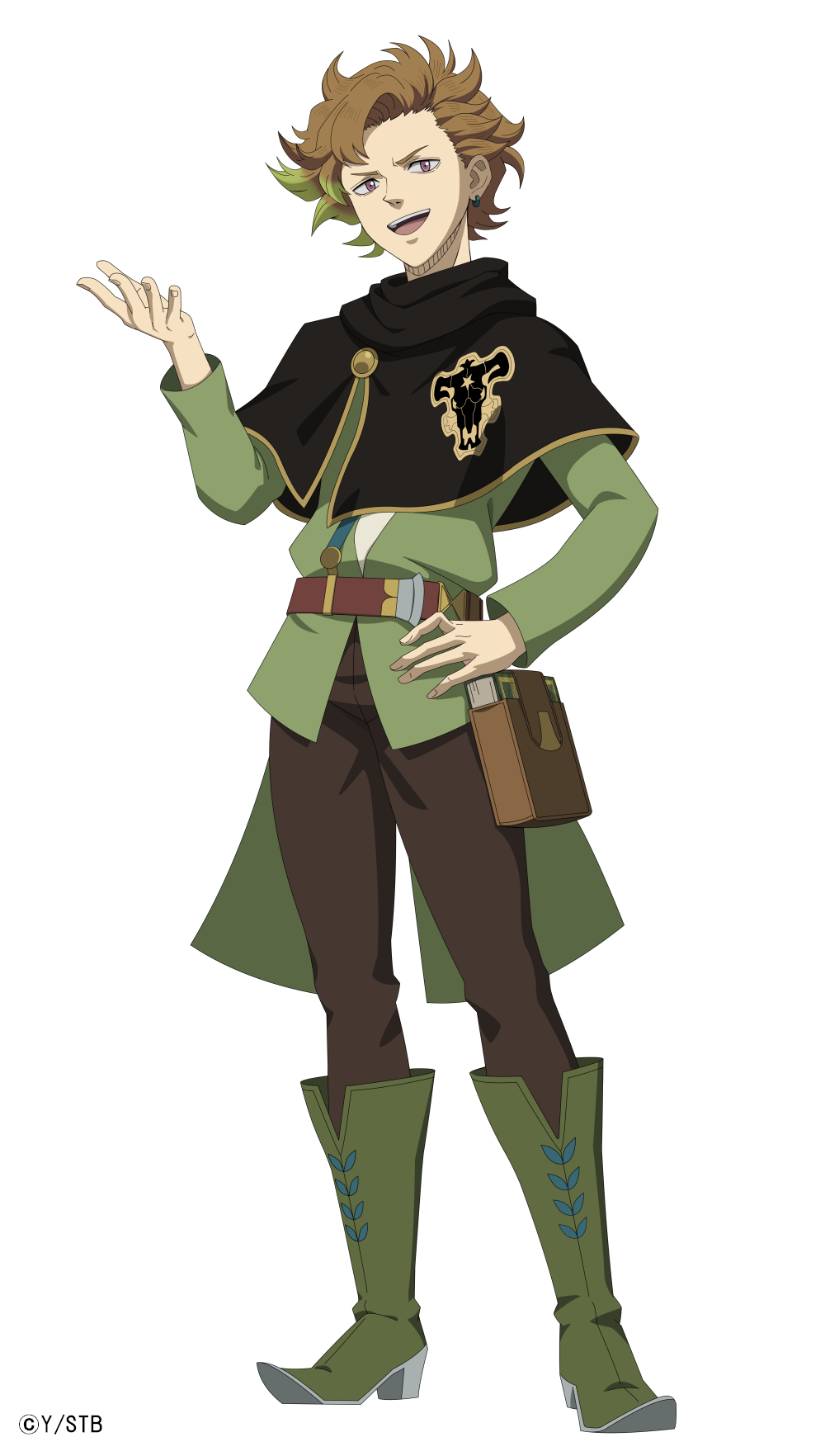 1boy, belt, black_bulls_(emblem), black_capelet, black_clover, black_clover_m:_rise_of_the_wizard_king, boots, brown_belt