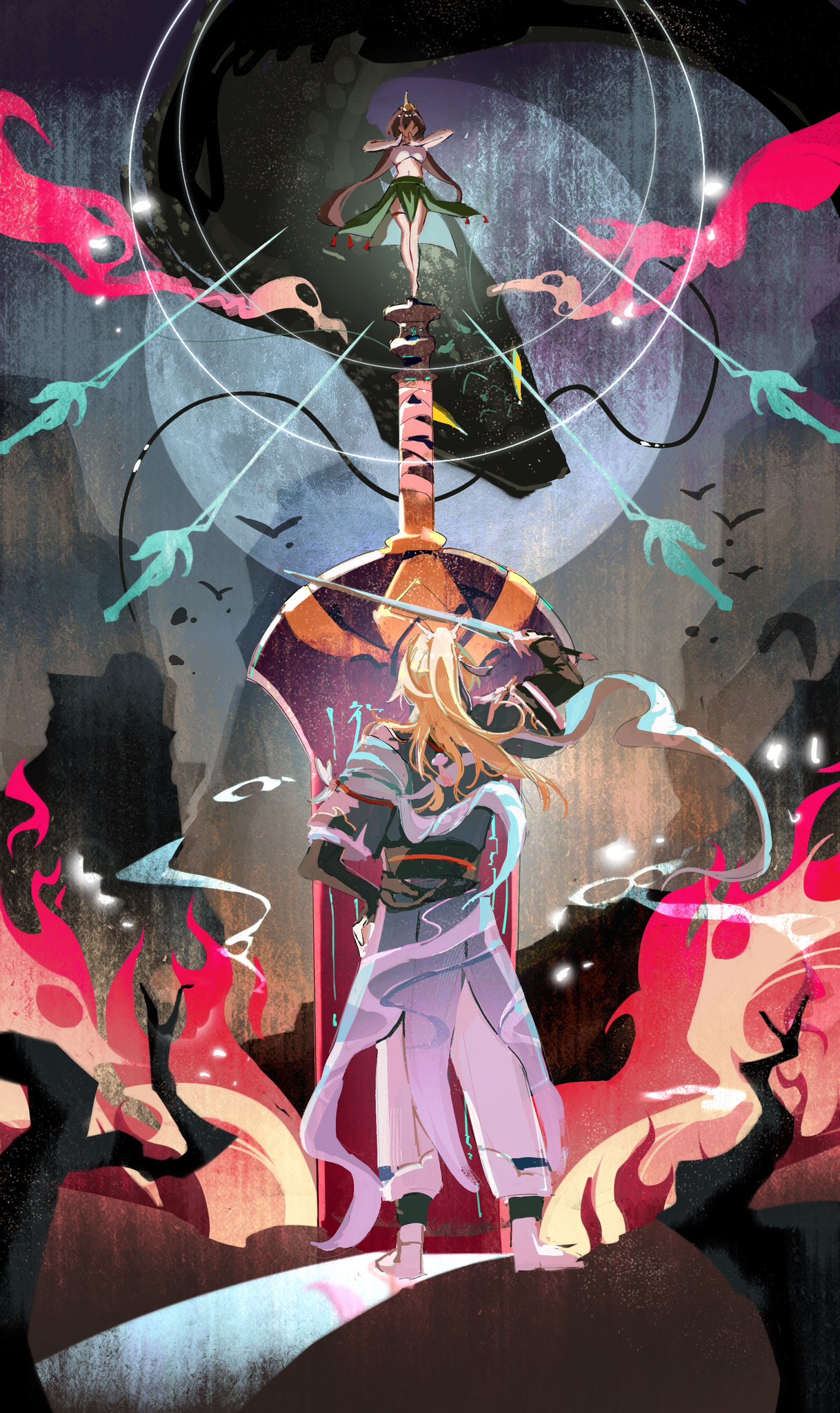 1boy, 1girl, black_hair, blonde_hair, chinese_clothes, crown, dragon, english_commentary