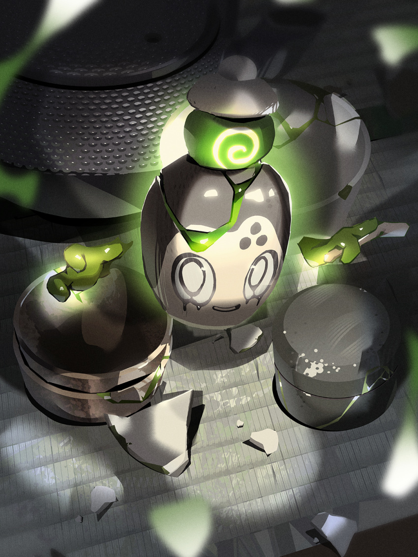 commentary, crack, cracked_bowl, full_body, glowing, highres, jar, looking_at_viewer