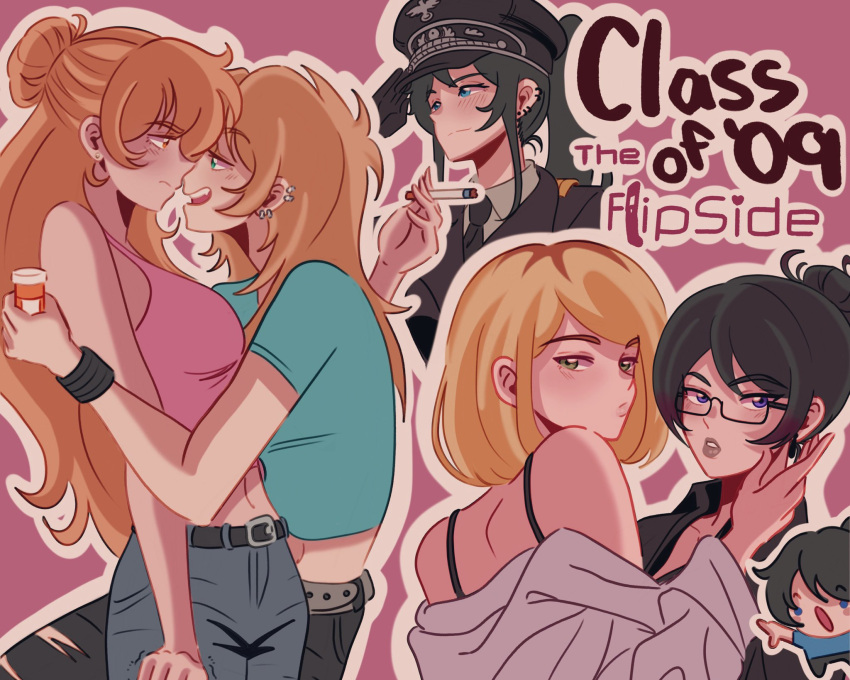 5girls, aqua_shirt, bare_arms, black_coat, black_gloves, black_hair, black_necktie, blonde_hair