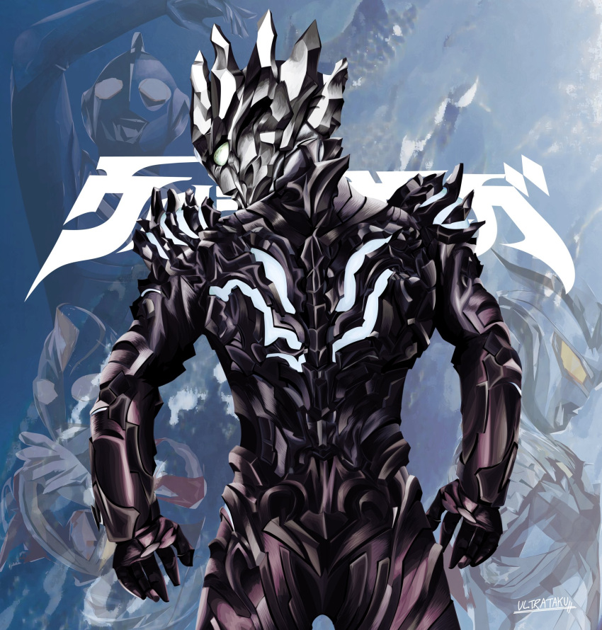 1boy, alien, armor, armored_bodysuit, artist_name, blue_armor, blue_background, bodysuit