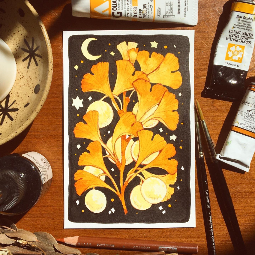 border, colored_pencil, commentary, crescent_moon, english_commentary, ginkgo_leaf, ginkgo_nut, highres