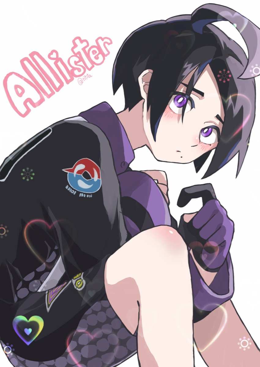 1boy, ahoge, allister_(pokemon), black_hair, black_jacket, blush, character_name, closed_mouth