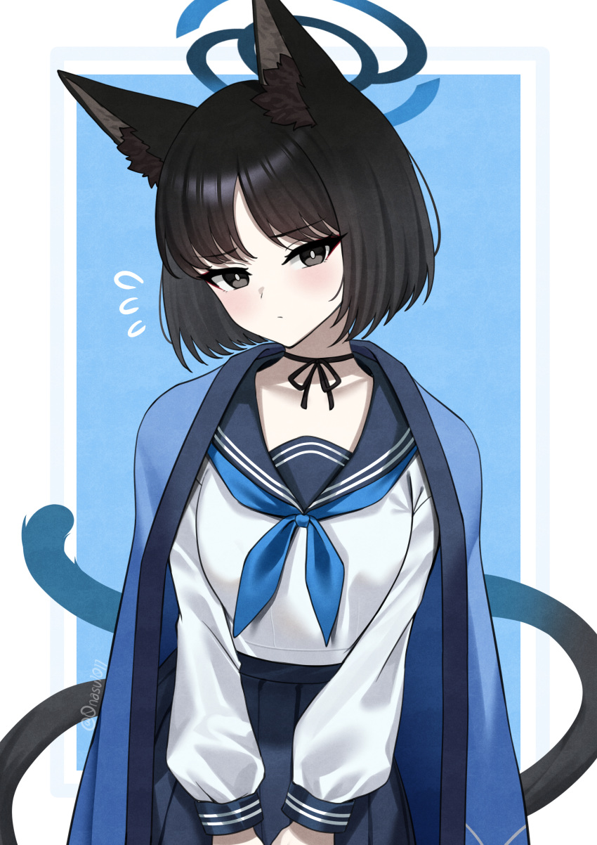 1girl, absurdres, animal_ears, black_eyes, black_ribbon, blue_archive, blue_background, blue_haori