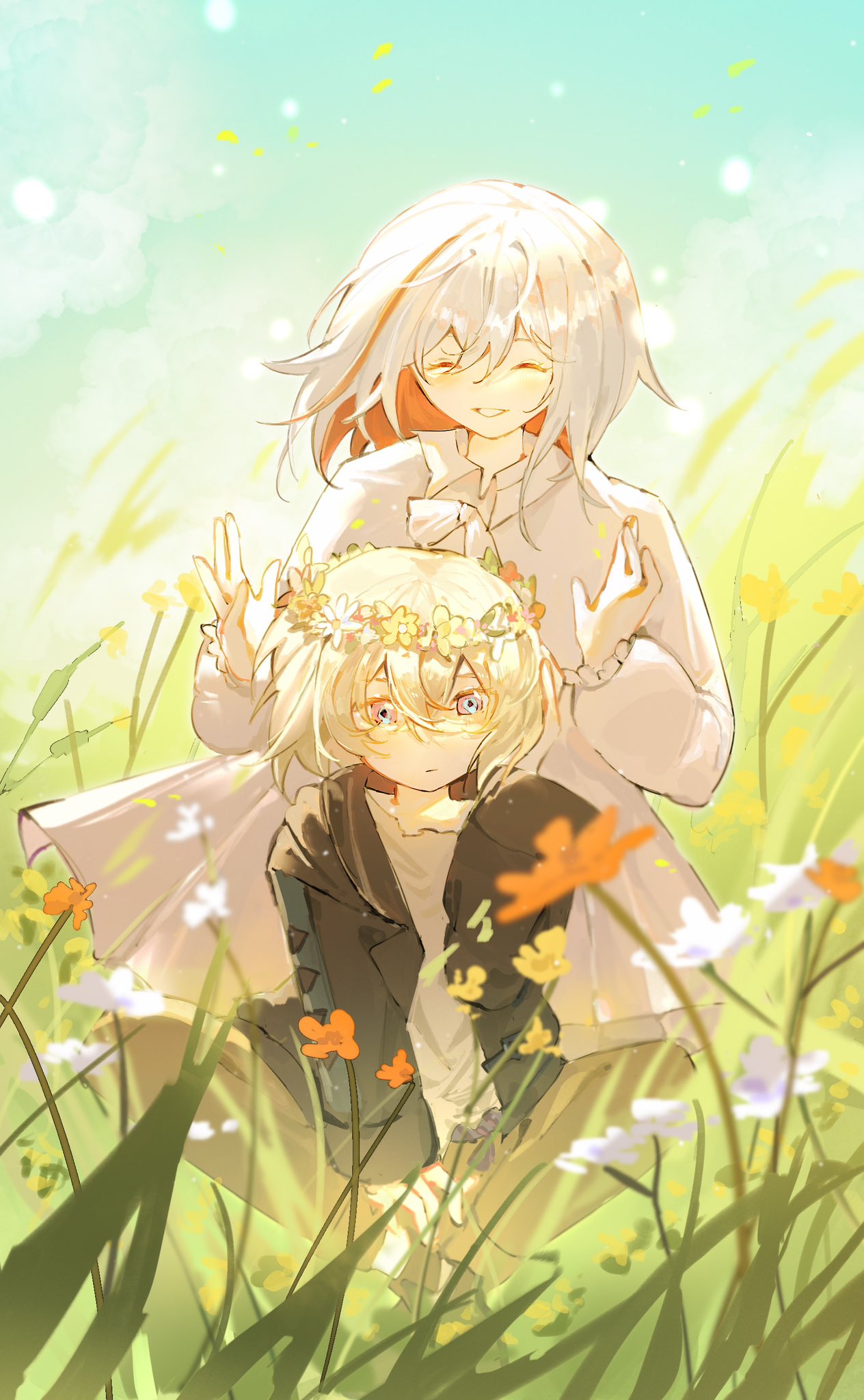 1boy, 1girl, aventurine_(honkai:_star_rail), blonde_hair, closed_eyes, double-parted_bangs, dress, english_commentary