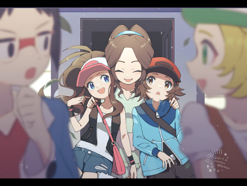 2boys, 3girls, :d, artist_name, bag, bianca_(pokemon), black_vest, black_wristband