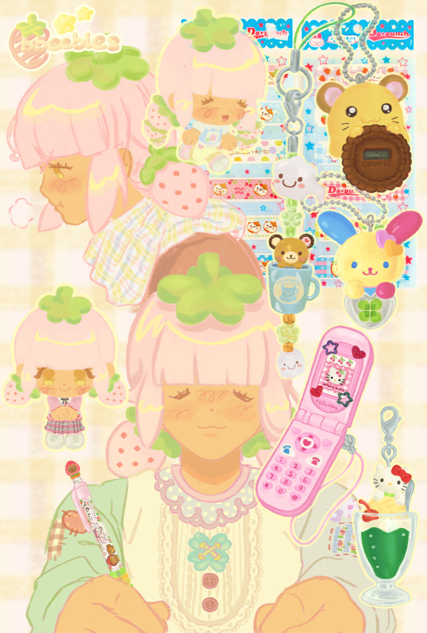1girl, bbeebles, blush, buttons, cellphone, character_request, charm_(object), chibi
