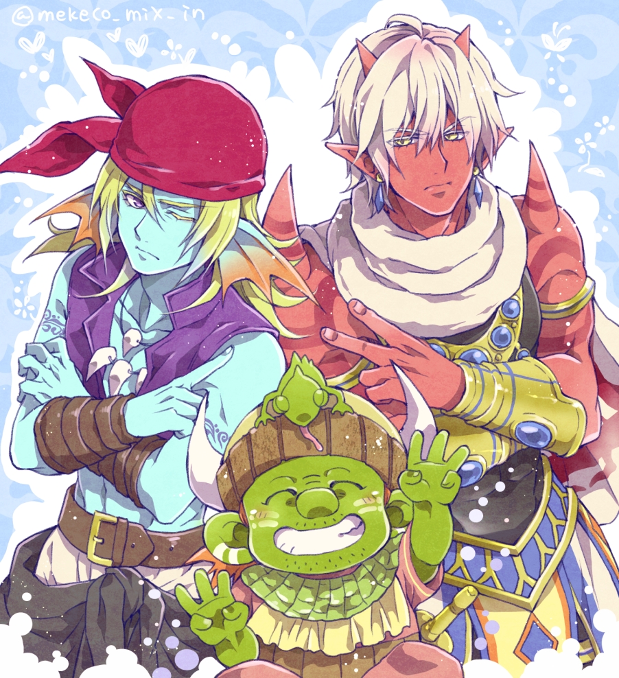 3boys, arm_tattoo, arm_wrap, bandana, belt, blonde_hair, character_request, closed_eyes, closed_mouth, colored_eyelashes, colored_skin, commentary_request, distan_(dq10), dragon_quest, dragon_quest_x, dwarf_(dq10), earrings, facial_hair, facial_mark, fake_horns, fins, gold_armlet, gold_bracer, green_skin, grin, head_fins, horned_headwear, horns, hyuuza_(dq10), jewelry, lizard, looking_to_the_side, male_focus, medium_hair, mekeko, multiple_boys, necklace, ogre_(dq10), one_eye_closed, pointy_ears, purple_vest, red_bandana, red_skin, scarf, short_hair, shoulder_spikes, smile, spikes, stubble, tattoo, toned, toned_male, tooth_necklace, twitter_username, v, vest, violet_eyes, weddie_(dq10), white_hair, white_scarf, yellow_eyes