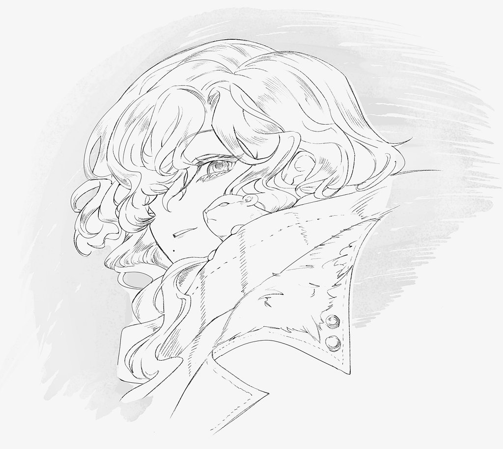 1girl, animal_on_shoulder, curly_hair, greyscale, hair_over_one_eye, korean_commentary, lineart, long_hair