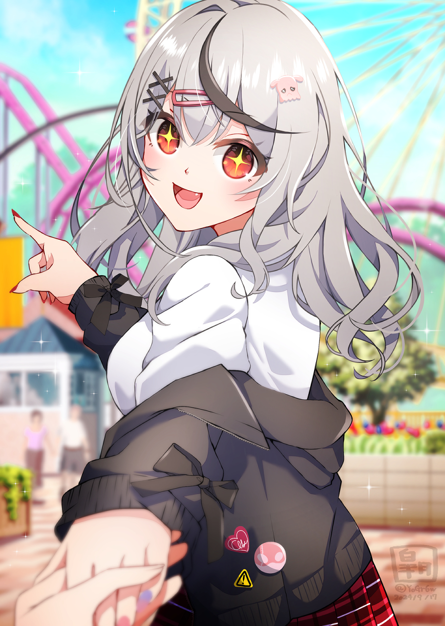 +_+, 1girl, 1other, :d, black_hair, black_jacket, dated, grey_hair, hair_ornament, hairclip, highres, holding_hands, hololive, jacket, long_hair, multicolored_hair, off_shoulder, official_alternate_costume, open_clothes, open_jacket, open_mouth, red_eyes, red_skirt, sakamata_chloe, sakamata_chloe_(school_uniform), satsuki_(pixiv_742410), shirt, skirt, smile, sparkling_eyes, streaked_hair, virtual_youtuber, white_shirt, x_hair_ornament