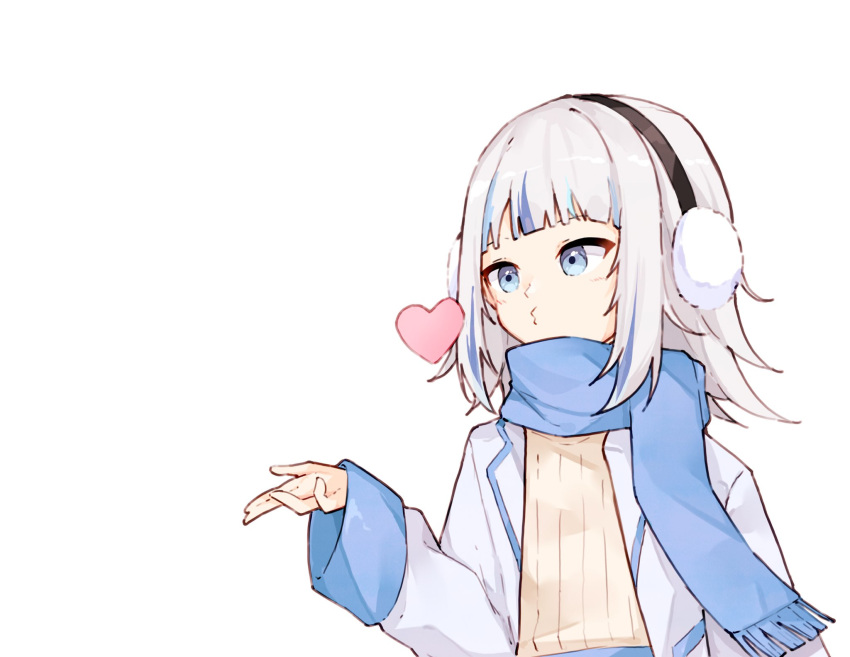 1girl, blowing_kiss, blue_eyes, blue_hair, blue_scarf, blunt_bangs, blush, closed_mouth