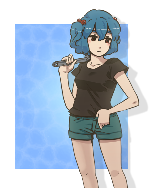 alternate_costume, bad_id, blue_hair, casual, contemporary, hair_bobbles, hair_ornament, hikimaru