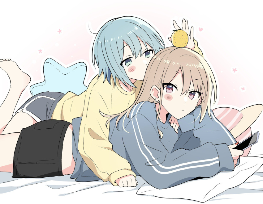 2girls, barefoot, black_shorts, blue_eyes, blue_hair, blue_sweater, blush, brown_hair