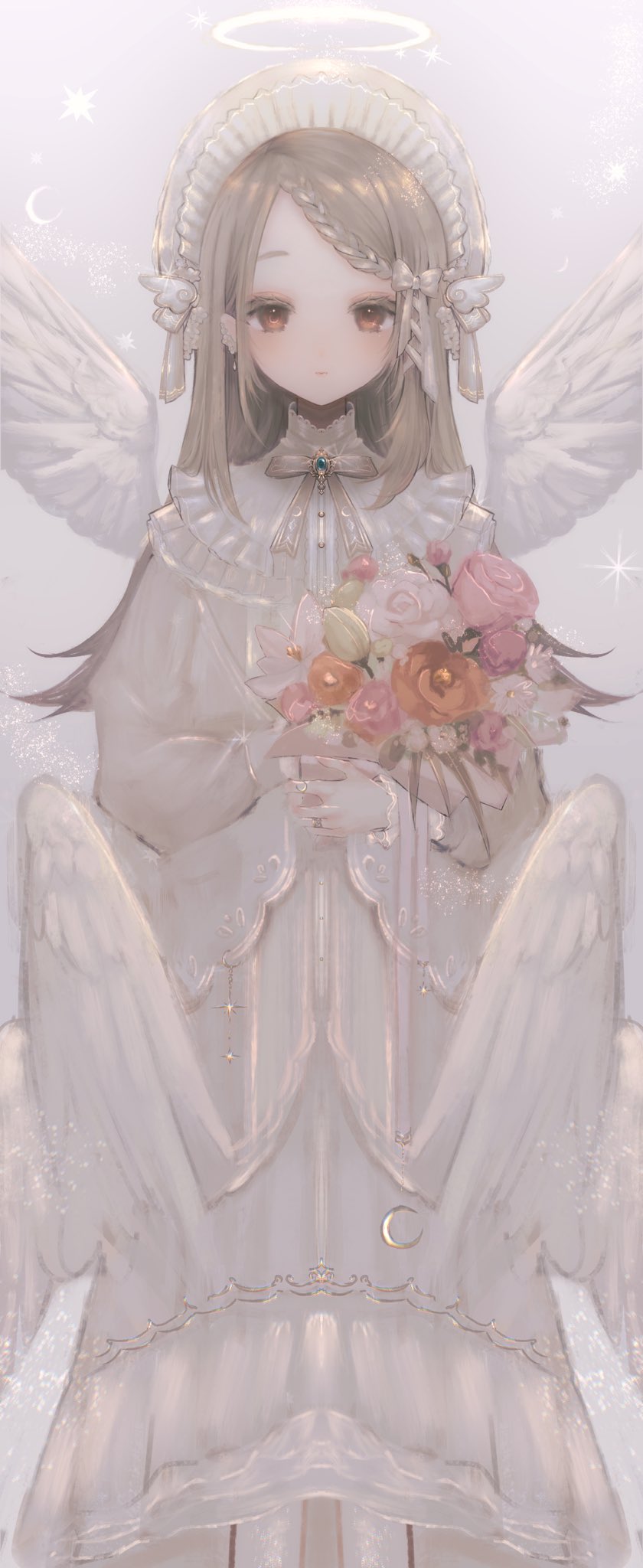 1girl, blush, bonnet, bouquet, braid, braided_bangs, colored_eyelashes, crescent