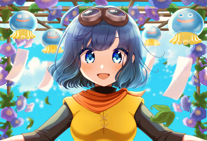 1girl, :d, black_shirt, blue_eyes, blue_hair, blue_sky, blunt_bangs, blurry
