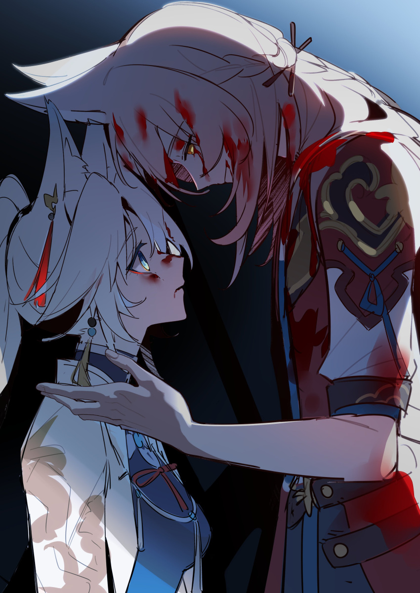 1boy, 1girl, absurdres, animal_ear_fluff, animal_ears, blood, blood_in_hair, blood_on_clothes