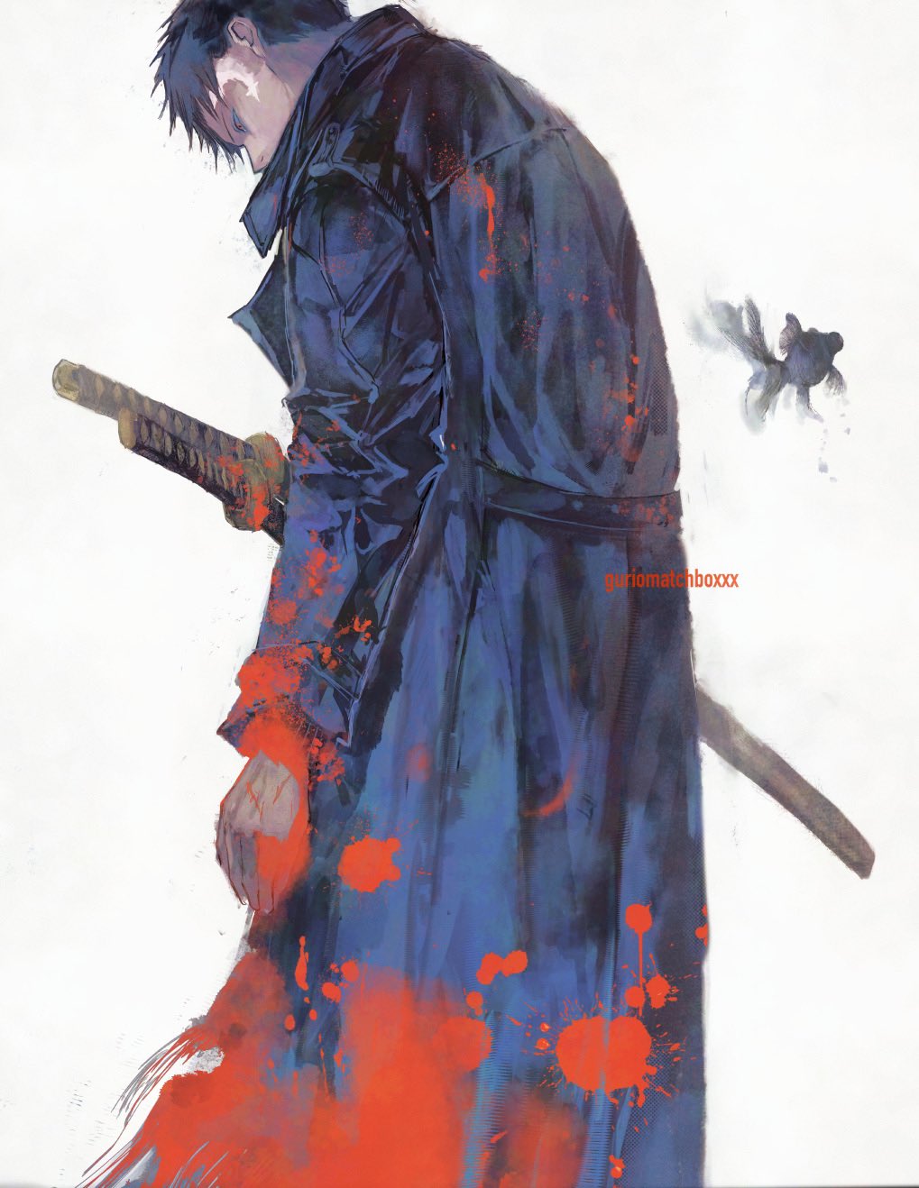 1boy, black_coat, black_hair, blood, blood_on_clothes, blood_on_hands, blood_splatter, coat