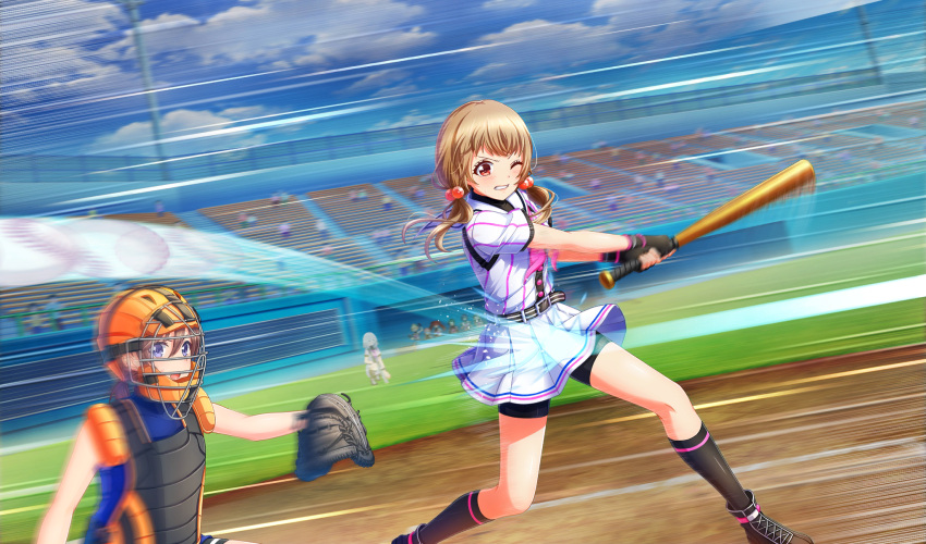 agatsuma_sora, baseball, baseball_(object), baseball_mitt, baseball_stadium, baseball_uniform, belt, belt_buckle