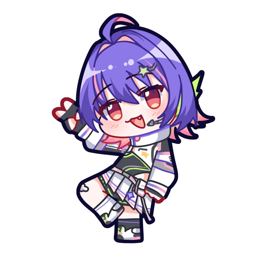 1girl, :3, :d, ahoge, arm_up, asymmetrical_legwear, bandaid, bandaid_on_knee