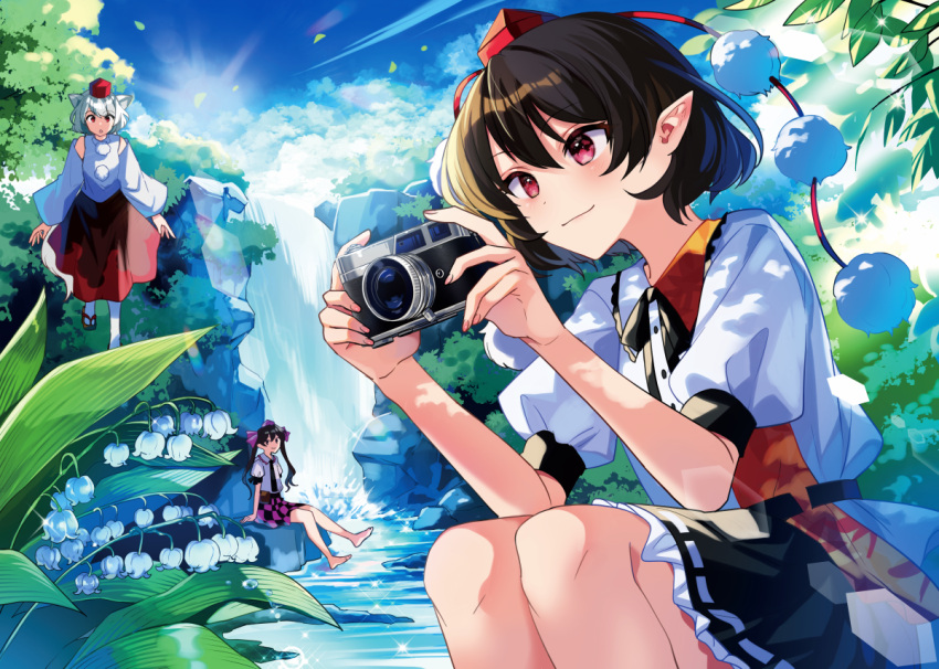 3girls, barefoot, black_hair, black_skirt, camera, checkered_clothes, checkered_skirt, collared_shirt