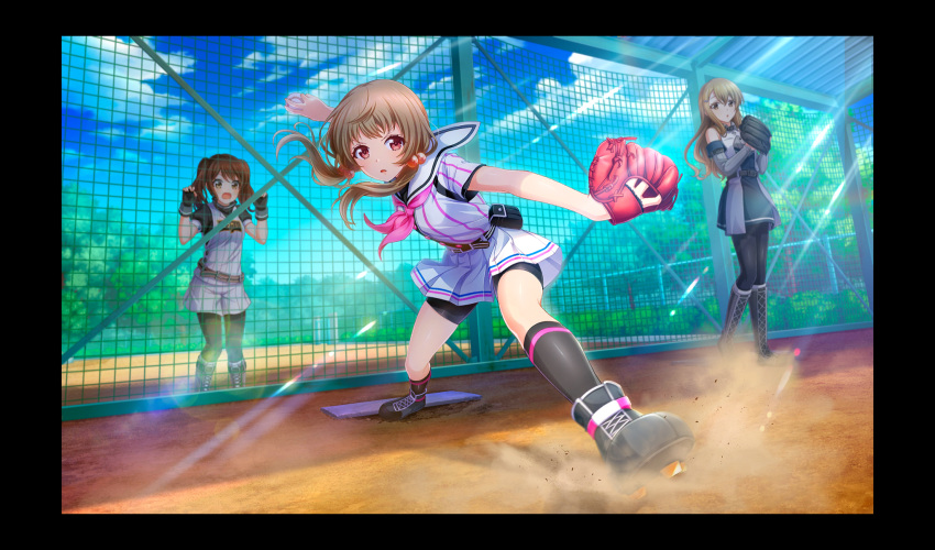 3girls, ball, baseball, baseball_(object), baseball_uniform, belt, belt_buckle, belt_pouch
