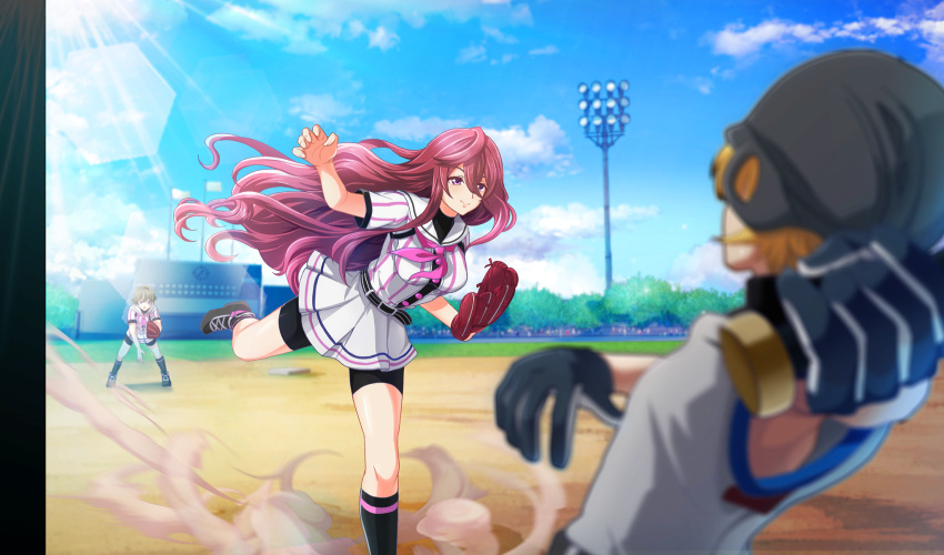 3girls, baseball, baseball_bat, baseball_helmet, baseball_mitt, baseball_stadium, baseball_uniform, belt