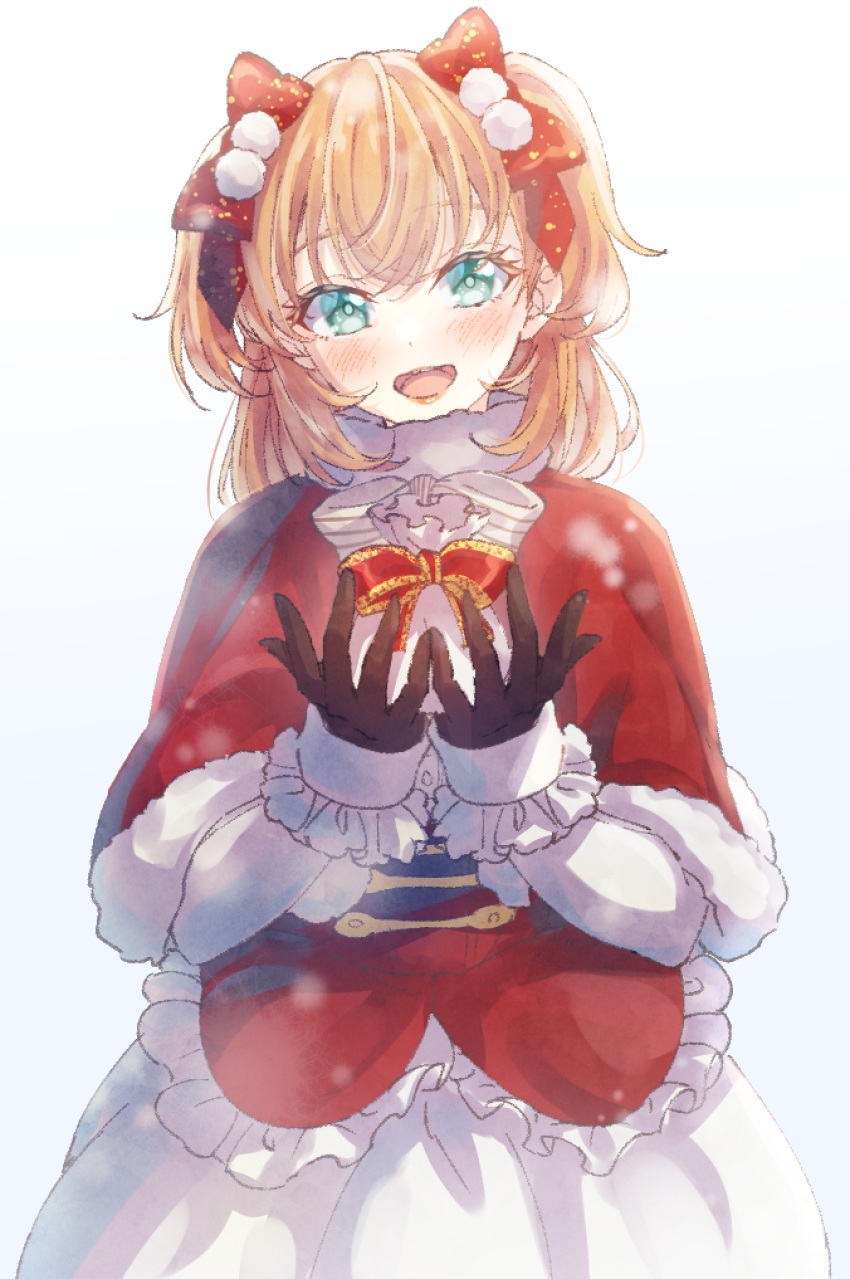 1girl, :d, black_gloves, blush, bow, capelet, commentary_request, corset