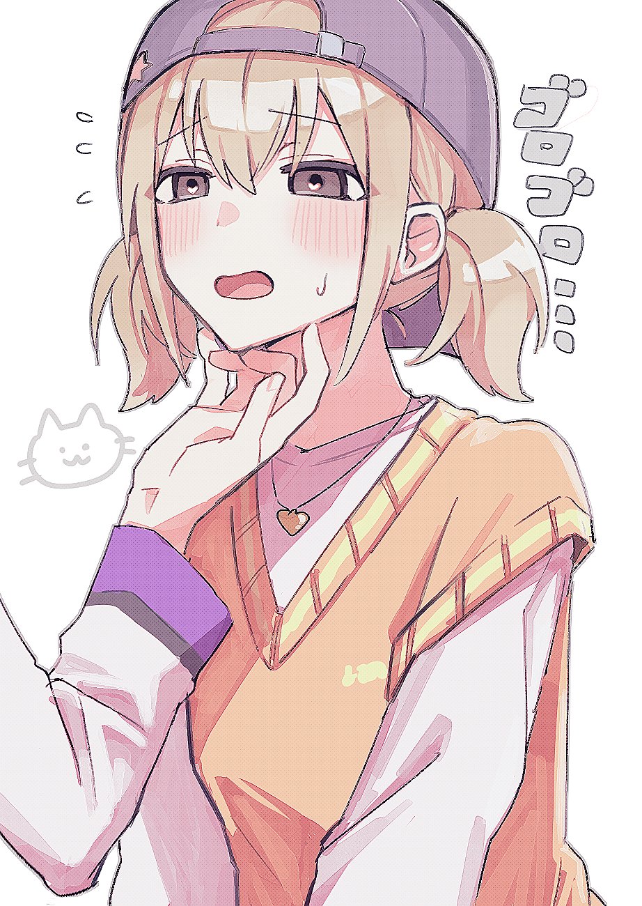 2girls, ^^^, azusawa_kohane, baseball_cap, blush, brown_eyes, cat, hand_up, hat, highres, jewelry, light_brown_hair, long_sleeves, multiple_girls, necklace, open_mouth, orange_sweater, out_of_frame, project_sekai, scratching_chin, shiraishi_an, short_twintails, simple_background, sweater, sweater_vest, translation_request, twintails, upper_body, white_background, yngpeaceful
