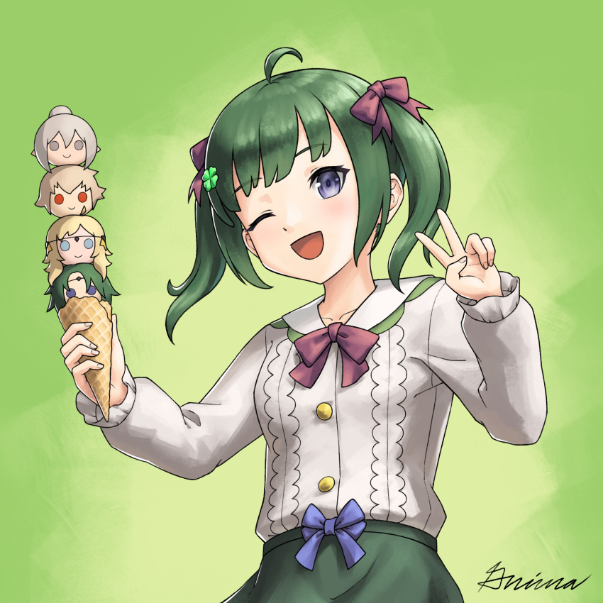 1girl, :d, ahoge, alternate_costume, blue_bow, bow, bowtie, commentary_request