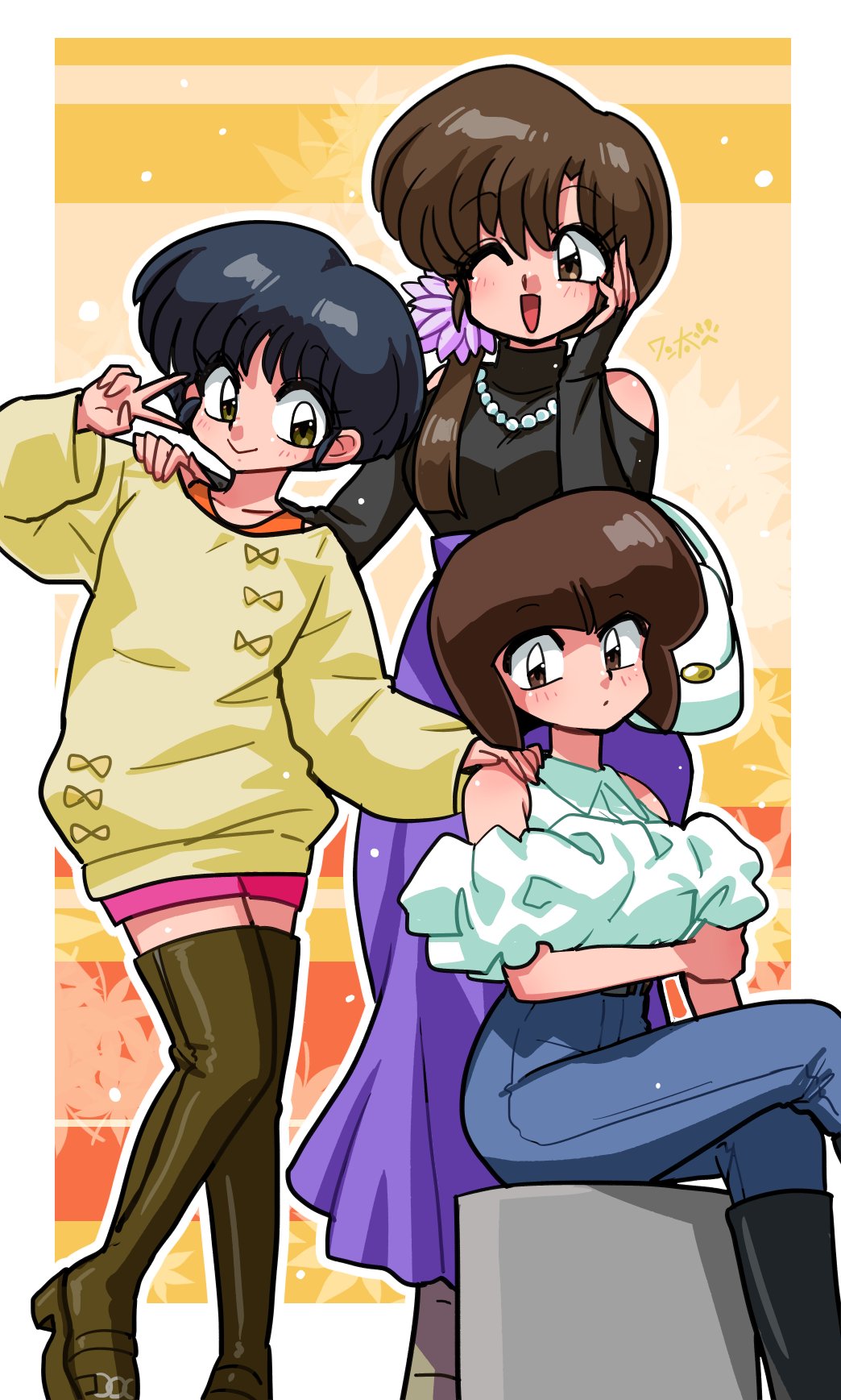 1990s_(style), 3girls, :d, arm_under_breasts, artist_name, bag, bare_shoulders, black_footwear, black_hair, blue_pants, blunt_bangs, blunt_ends, blush, bob_cut, boots, border, bow, breasts, bridal_gauntlets, brown_eyes, brown_footwear, brown_hair, casual, closed_mouth, clothing_cutout, collared_shirt, commentary, denim, dot_mouth, feet_out_of_frame, flower, frilled_shirt, frills, front-to-back, green_eyes, hair_flower, hair_ornament, hair_over_shoulder, hand_on_another's_shoulder, hand_on_own_arm, hand_on_own_cheek, hand_on_own_face, hand_up, handbag, heel_up, height_difference, highres, holding, holding_bag, inverted_bob, jeans, jewelry, leaf, leaf_background, light_particles, long_hair, long_skirt, long_sleeves, looking_at_viewer, medium_breasts, multiple_girls, necklace, one_eye_closed, open_mouth, orange_background, orange_undershirt, outline, outside_border, pants, pink_flower, pink_shorts, ponytail, purple_skirt, raised_eyebrows, ranma_1/2, retro_artstyle, shirt, shirt_bow, short_hair, shorts, shoulder_cutout, siblings, side-by-side, signature, sisters, sitting, skirt, smile, standing, string_of_pearls, sweater, tendou_akane, tendou_kasumi, tendou_nabiki, thigh_boots, turtleneck, v_over_eye, wanta_(futoshi), white_bag, white_border, white_outline, white_shirt, yellow_background, yellow_bow, yellow_sweater