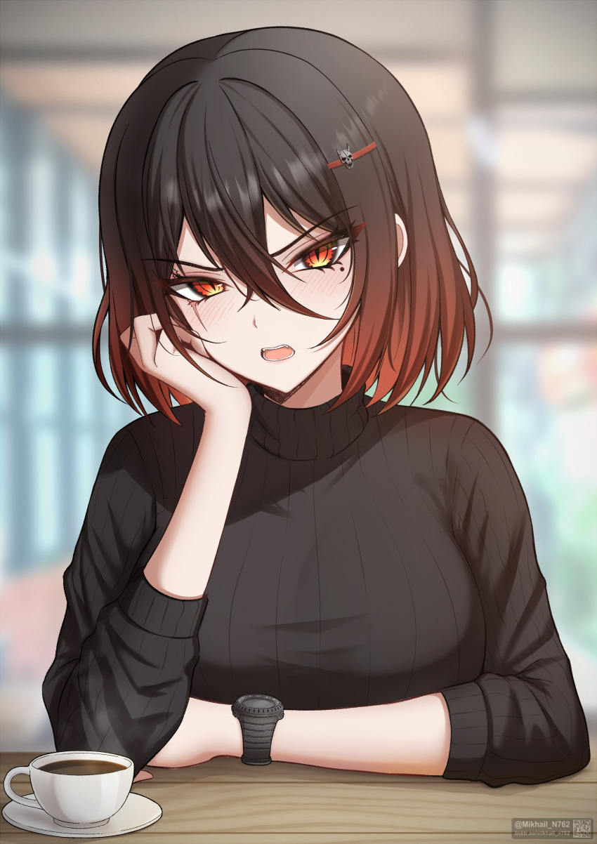 1girl, absurdres, black_hair, black_sweater, blurry, blurry_background, blush, breasts, brown_hair, coffee, commentary, cup, english_commentary, hair_ornament, hairclip, hand_on_own_cheek, hand_on_own_face, head_rest, highres, large_breasts, looking_at_viewer, mikhail_n, mole, mole_under_eye, open_mouth, original, red_eyes, ribbed_sweater, saucer, scar, scar_across_eye, short_hair, solo, sweater, table, teeth, turtleneck, turtleneck_sweater, twitter_username, v-shaped_eyebrows, watch, watch, wooden_table