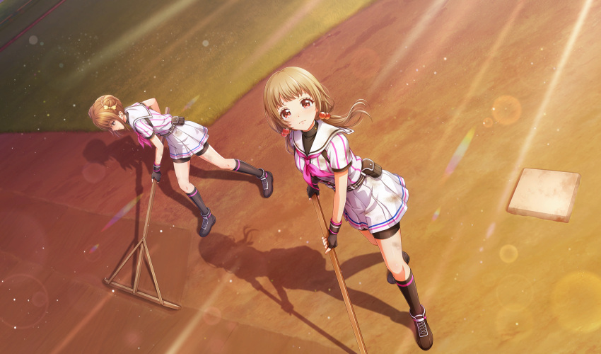 2girls, baseball_base, baseball_field, baseball_uniform, belt, belt_buckle, belt_pouch, bike_shorts_under_skirt