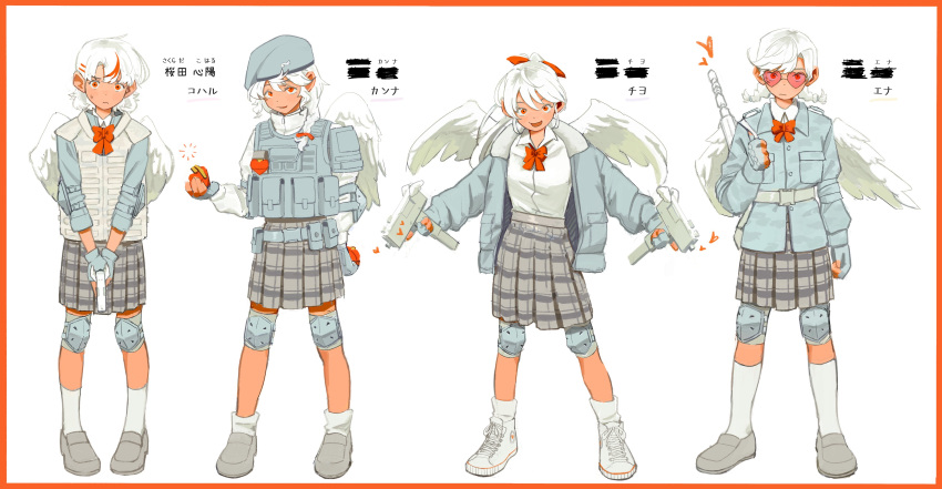 4girls, absurdres, angel_wings, beret, blue_jacket, bow, bulletproof_vest, explosive