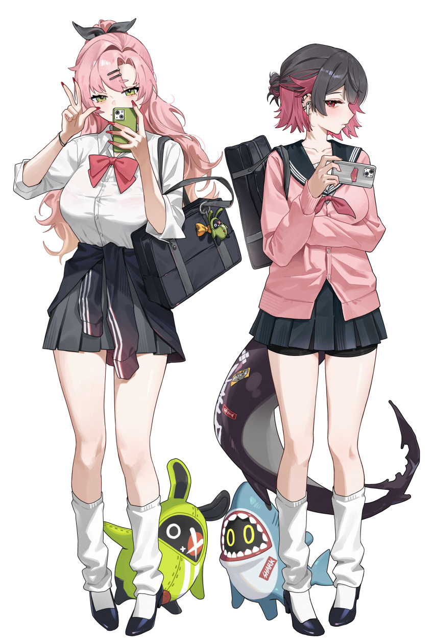 2girls, absurdres, alternate_costume, alternate_hairstyle, amillion_(zenless_zone_zero), bag, bangboo_(zenless_zone_zero), bike_shorts_under_skirt, black_footwear, black_hair, black_sailor_collar, black_skirt, bow, bowtie, breasts, clothes_around_waist, ellen_joe, fins, fish_tail, full_body, green_eyes, hair_ornament, hairclip, high_heels, highres, holding, holding_phone, long_hair, mole, mole_under_eye, multicolored_hair, multiple_girls, nicole_demara, phone, pink_hair, pink_shirt, pleated_skirt, red_bow, red_bowtie, rhtkd, sailor_collar, school_uniform, shark_girl, shark_tail, sharkboo_(zenless_zone_zero), shirt, short_hair, shoulder_bag, simple_background, skirt, socks, tail, thighs, two-tone_hair, white_background, white_shirt, white_socks, zenless_zone_zero