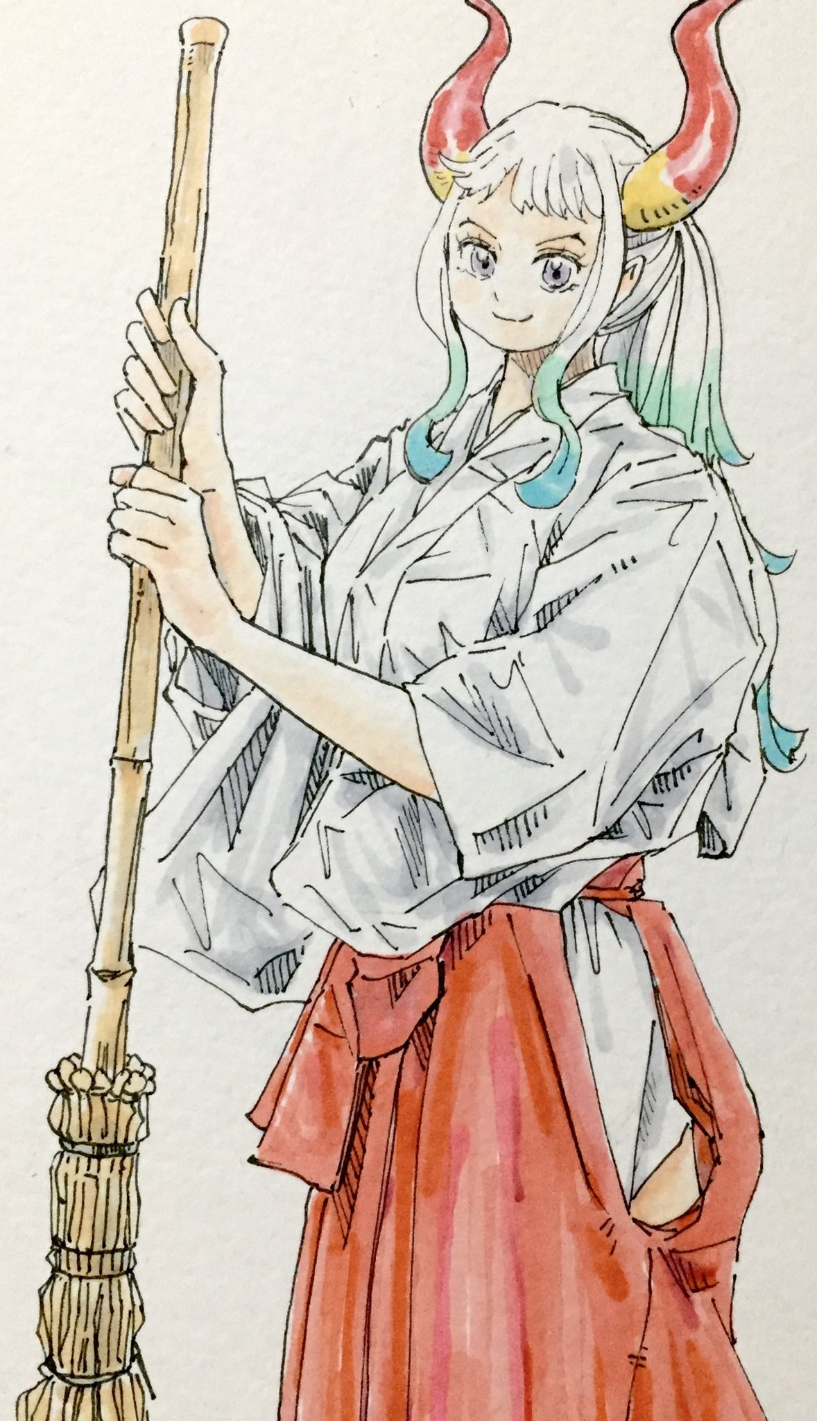 1girl, aqua_hair, broom, closed_mouth, colored_tips, commentary_request, eyelashes, grey_eyes