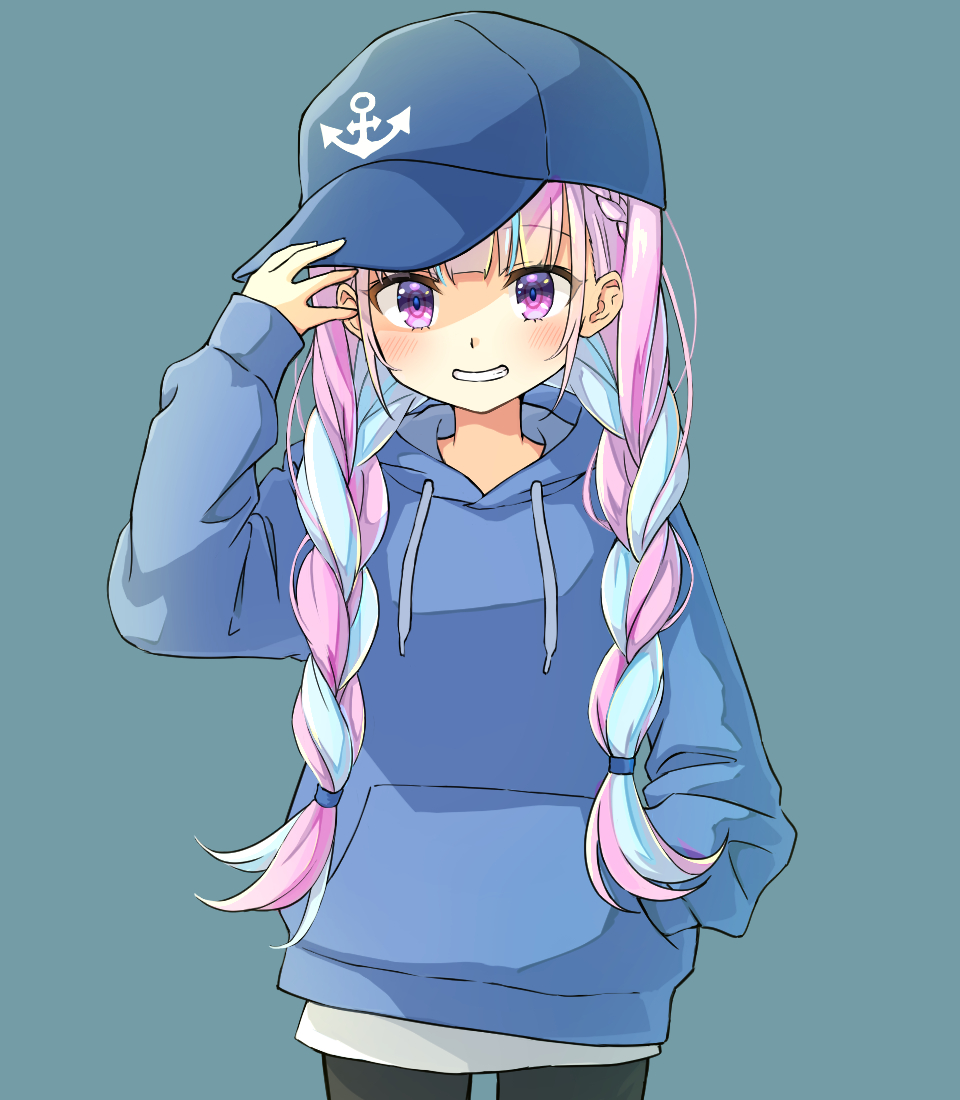 1girl, adjusting_clothes, adjusting_headwear, anchor_symbol, awokani, baseball_cap, black_pants, blue_hair, blue_hoodie, blue_sweater, braid, commentary_request, grin, hand_in_pocket, hat, hololive, hood, hooded_sweater, hoodie, low_twin_braids, minato_aqua, multicolored_hair, pants, pink_eyes, pink_hair, smile, solo, sweater, twin_braids, twintails, two-tone_hair, virtual_youtuber