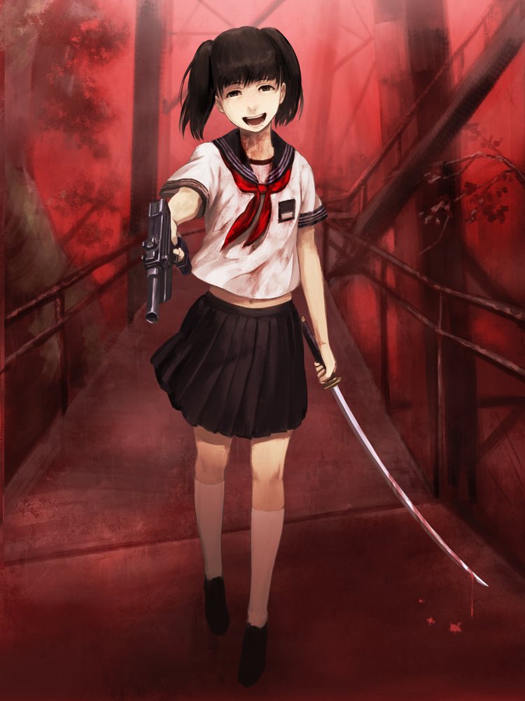 1girl, black_eyes, black_hair, black_skirt, commentary_request, crazy_smile, full_body, gun
