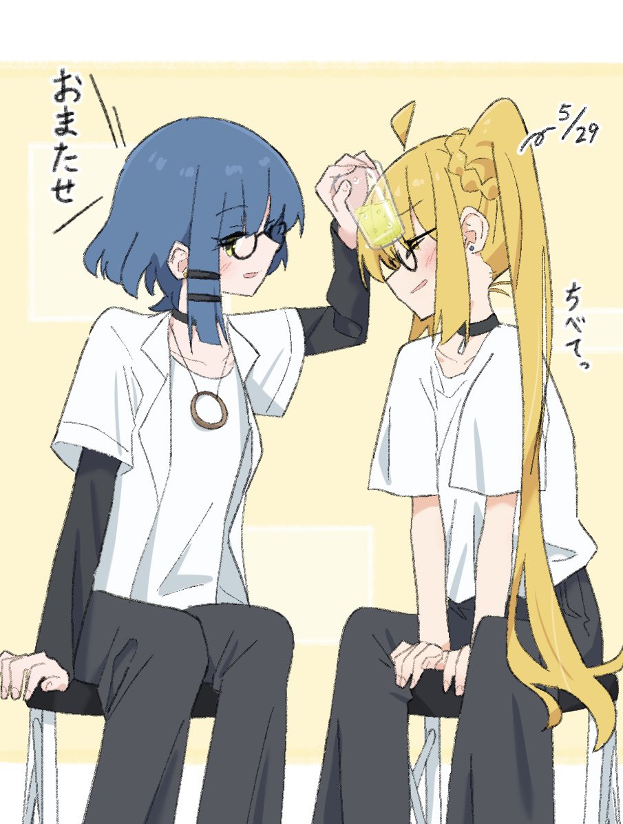 2girls, ahoge, black_choker, black_pants, blonde_hair, blue_hair, bocchi_the_rock!, choker