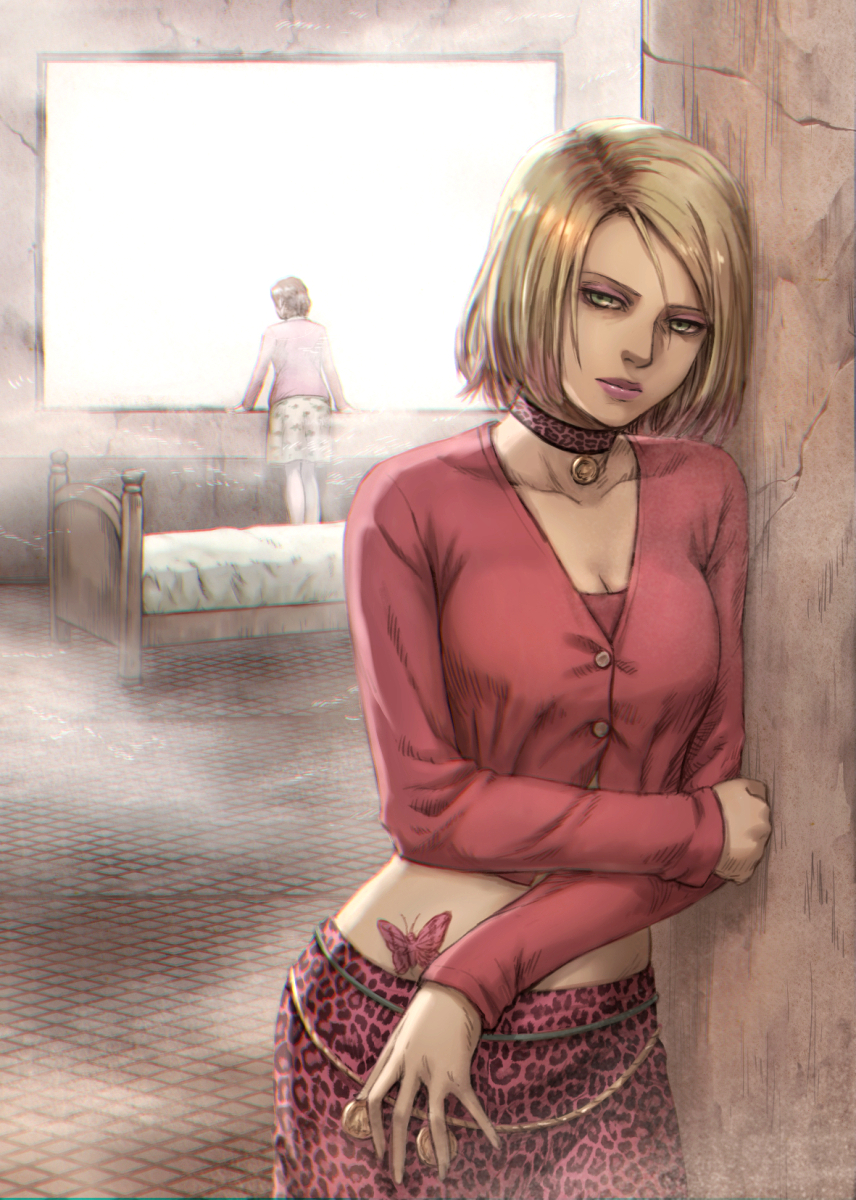 2girls, bed, blonde_hair, breasts, butterfly_tattoo, choker, commentary_request, crop_top