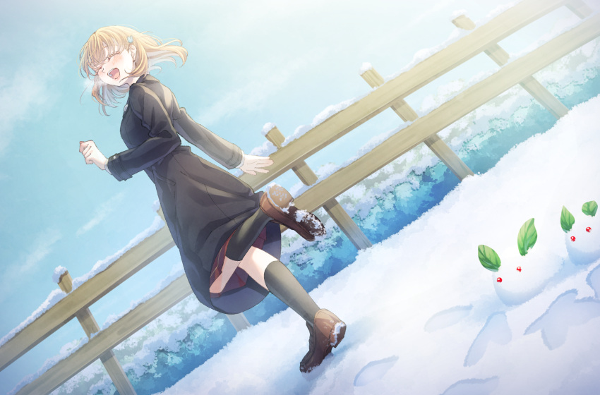 1girl, :d, ^_^, arm_at_side, black_coat, black_socks, blue_sky, blush