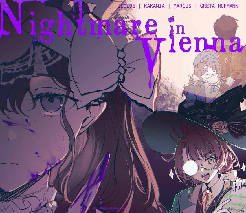 4girls, ?, black_hair, blue_coat, blue_eyes, blue_neckerchief, bow, brown_hair, cabbie_hat, character_name, coat, collared_shirt, english_text, eyewear_strap, facing_away, flower, glasses, gloves, green_eyes, green_hat, green_jacket, greta_hofmann, grey_hat, hair_bow, hat, hat_flower, highres, holding, holding_paper, isolde_(reverse:1999), jacket, kakania_(reverse:1999), knife, marcus_(reverse:1999), multiple_girls, muonrei00, neck_ribbon, neckerchief, opaque_glasses, open_mouth, paint_splatter, paint_splatter_on_face, paper, partially_opaque_glasses, portrait, red_ribbon, reverse:1999, ribbon, round_eyewear, scarf, shirt, solo_focus, sparkle, sun_hat, violet_eyes, white_bow, white_gloves, white_scarf, white_shirt, yellow_flower