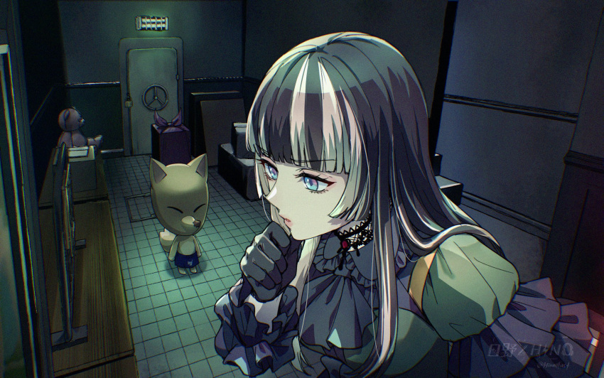 1girl, animal_crossing, ascot, black_ascot, black_gloves, blue_eyes, blunt_bangs, blunt_sidelocks